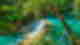 Bright turquoise river leading into small waterfall and surrounded by tropical green jungle